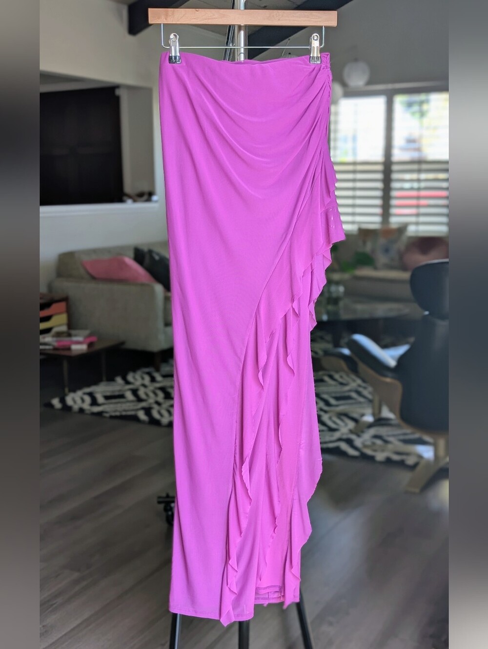 NWT AFRM Cactus Flower Fuchsia Midi Skirt with Side Ruffle Size Small